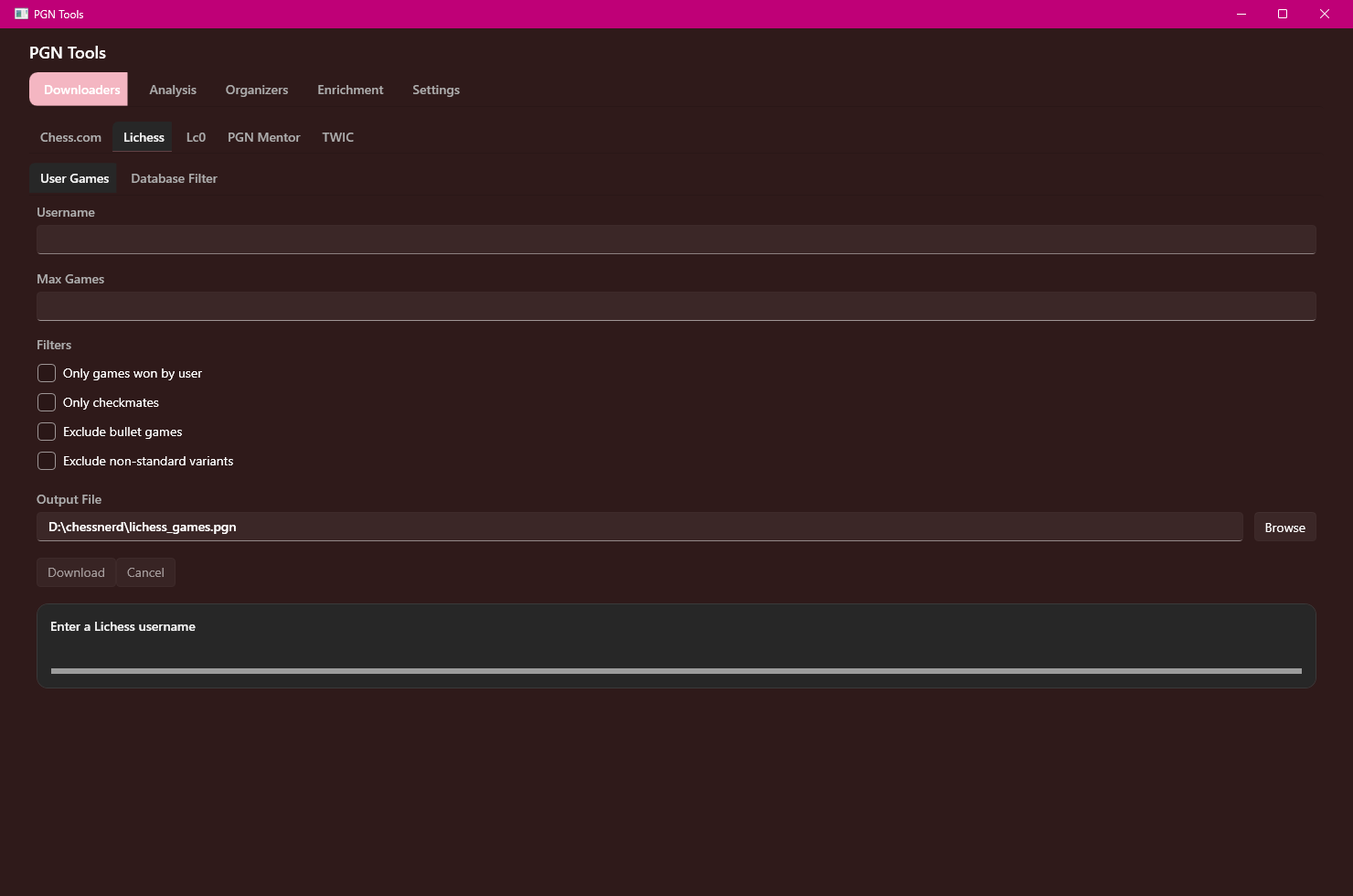 PGN Tools running in dark mode